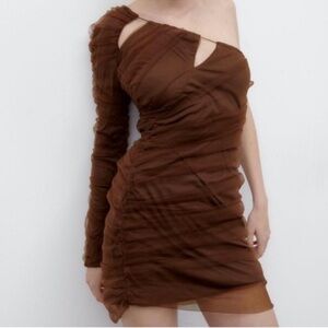 Zara Elegant Brown One-Shoulder Dress